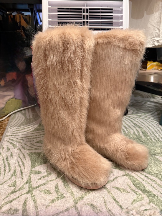 JustFab Shoes - Faux Fur Knee-High Boots in Light Tan